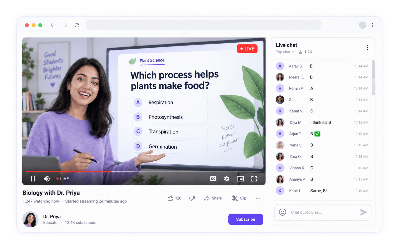 Poller running beside a YouTube Live biology class, with chat replies arriving as the poll is on screen.